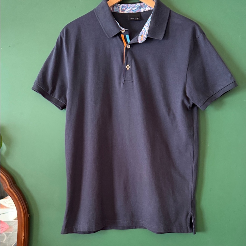 Jared Lang Navy Polo with Paisley-Trim Collar and Contrast Placket Mens L